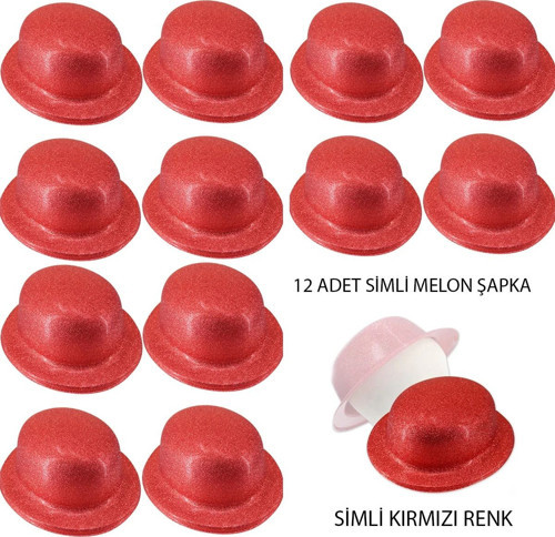 Kırmızı Renk Simli Melon Yuvarlak Parti Şapkası 12 Adet