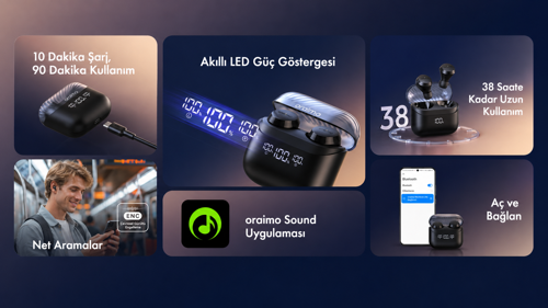 OTW-340 TWS Bluetooth Kulaklık Phantom Black Dijital Ekran