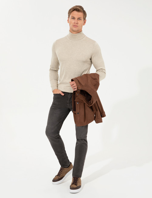 Kum Melanj Slim Fit Balıkçı Yaka Basic Triko Kazak 50257158-VR123