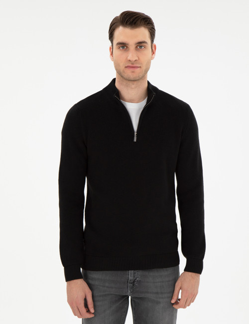 Siyah Slim Fit Fermuarlı Dik Yaka Triko Kazak 50297123-VR046