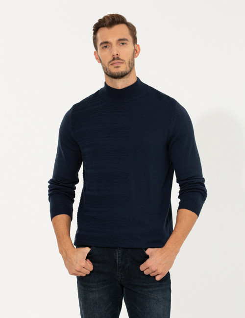 Lacivert Melanj Slim Fit Yarım Balıkçı Yaka Triko Kazak 50258797-VR120