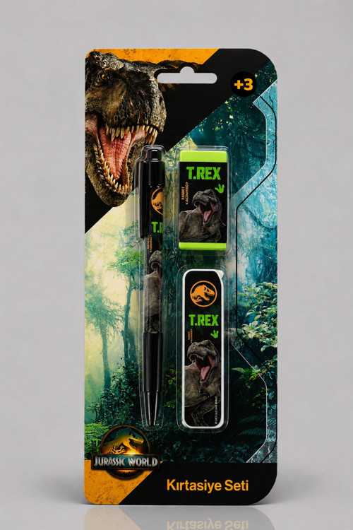 x Dekomus Lisanslı Jurassic World 3'Lü Kırtasiye Seti 0.7 Mm Uçlu Kalem,Silgi ve Uç Seti
