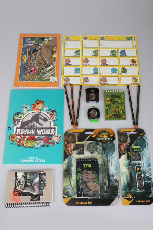 x Dekomus Lisanslı Jurassic World 27 Parça Kırtasiye Seti Çıkartmalı Boyama Kitabı,Kurşun Kalem,Silgi,Uçlu Kalem ve Uç S