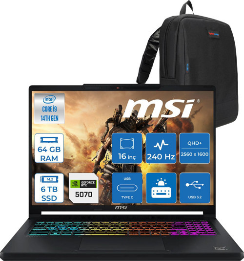 Msı Crosshaır 16 Hx E14WGK Intel Core I9 14900HX 64GB Ddr5 6tb SSD 8GB/RTX5070/115W Windows 11 Pro 16" QHD+(2560X1600) 240Hz IPS Oyuncu Bilgisayarı 046XTRP35 + Zetta Çanta