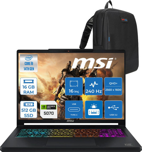 Msı Crosshaır 16 Hx E14WGK Intel Core I9 14900HX 16GB Ddr5 512GB SSD 8GB/RTX5070/115W Windows 11 Home 16" QHD+(2560X1600) 240Hz IPS Oyuncu Bilgisayarı 046XTRH01 + Zetta Çanta