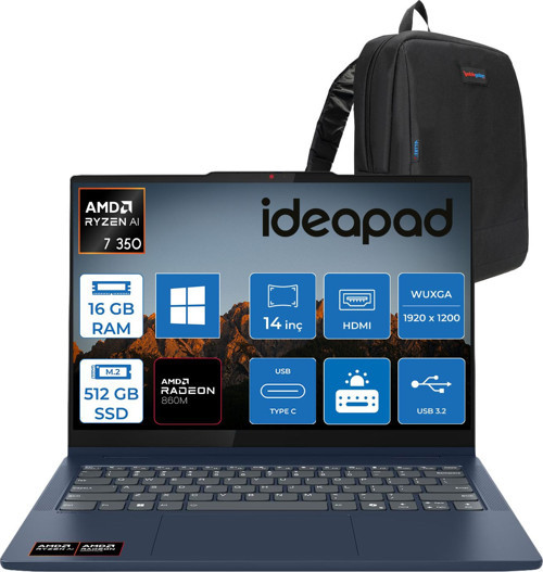 Ideapad 5 2-In-1 14AKP10 Ryzen Aı 7 350 16GB 512GB SSD Windows 11 Home Radeon 860M Graphics 14" Wuxga (1920X1200) IPS 300NITS 45% Ntsc 60Hz Dokunmatik Bilgisayar 83KT004STRH02 + Zetta Çanta