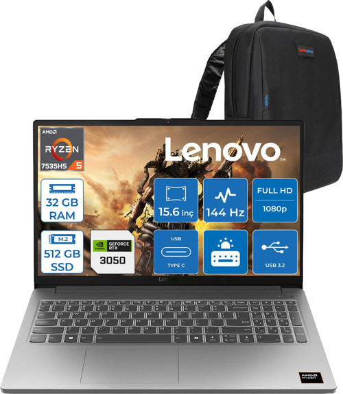 Loqe Ryzen 5 7535HS 32GB Ddr5 512GB SSD Windows 11 Pro 6GB/RTX3050/65W 15.6" Fhd IPS 300NITS 100% Srgb 144Hz Oyuncu Bilgisayarı 83S0002VTRP11 + Zetta Çanta