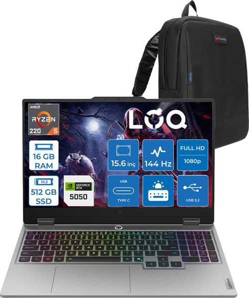Loq Amd Ryzen 5 220 16GB Ddr5 512GB SSD Windows 11 Home 8GB/RTX5050/100W 15.6" Fhd IPS 300NITS 100% Srgb 144Hz Oyuncu Bilgisayarı 83JG009TTRH01 + Zetta Çanta