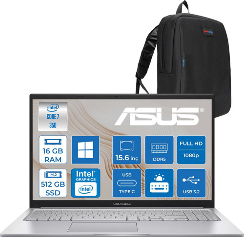 Vivobook 15 (X1504MA) Intel® Core™ 7 350 Aı 16GB Ddr5 512GB SSD 15.6"ıps, Fhd (1920 x 1080) WIN11PRO Taşınabilir Bilgisayar WBQ015P02+ZETTAÇANTA