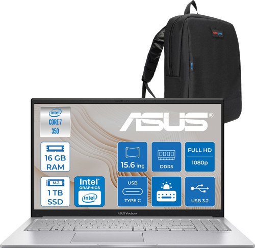 Vivobook 15 (X1504MA) Intel® Core™ 7 350 Aı 16GB Ddr5 1tb SSD 15.6"ıps, Fhd (1920 x 1080) Freedos Taşınabilir Bilgisayar WBQ015F03+ZETTAÇANTA