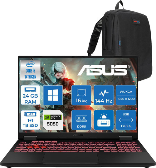 Tuf Gaming F16 FX608JHI Intel Core I5 14450HX 24GB Ddr5 1tb SSD +1tb SSD 8GB/RTX5050 115W 16" Fhd+ 16:10 (1920 x 1200, Wuxga), IPS sRGB:100.00%,144Hz WINDOWS11PRO Gaming WTU23P04+ZETTAÇANTA