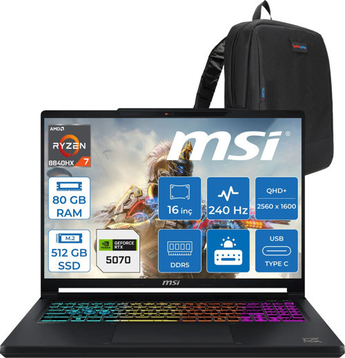Msı Crosshaır A16 Hx E8WGXK-058XTRY Amd Ryzen 7-8840HX Aı 80GB Ddr5 512GB SSD 12GB/RTX5070 115W 16” Qhd+ (2560X1600), 240Hz, Ips-Level Freedos Gaming ZW058XTRYF33+ZETTAÇANTA