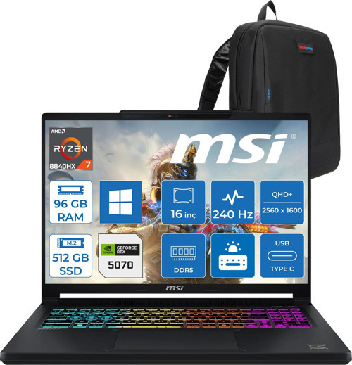 Msı Crosshaır A16 Hx E8WGXK-058XTRY Amd Ryzen 7-8840HX Aı 96GB Ddr5 512GB SSD 12GB/RTX5070 115W 16” Qhd+ (2560X1600), 240Hz, Ips-Level WINDOWS11HOME Gaming ZW058XTRYH41+ZETTAÇANTA
