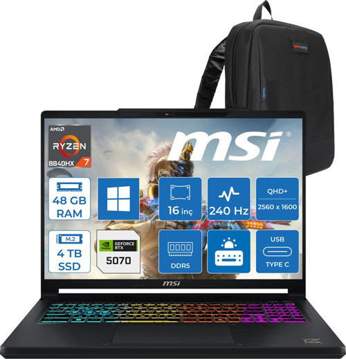 Msı Crosshaır A16 Hx E8WGXK-058XTRY Amd Ryzen 7-8840HX Aı 48GB Ddr5 4tb SSD 12GB/RTX5070 115W 16” Qhd+ (2560X1600), 240Hz, Ips-Level WINDOWS11PRO Gaming ZW058XTRYP23+ZETTAÇANTA