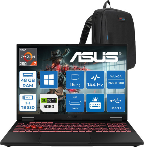 Tuf Gaming A16 FA608UMI Amd Ryzen™ 7 260 Aı 48GB Ddr5 1tb Ssd+1tb SSD 8GB/RTX5060 115W 16-Inch Fhd+ 1920 x 1200, 144Hz 3ms IPS-SRGB:100% WINDOWS11HOME Gaming Laptop WTU166H20+ZETTAÇANTA