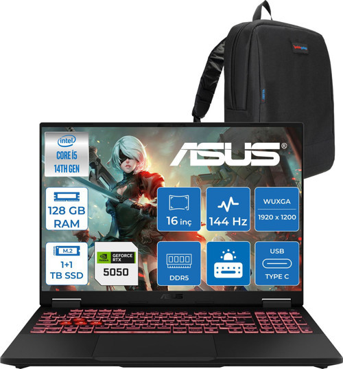 Tuf Gaming F16 FX608JHI Intel Core I5 14450HX 128GB Ddr5 1tb Ssd+1tbssd 8GB/RTX5050 115W 16" Fhd+ 16:10 (1920 x 1200, Wuxga), IPS sRGB:100.00%,144Hz Freedos Gaming WTU23F52+ZETTAÇANTA