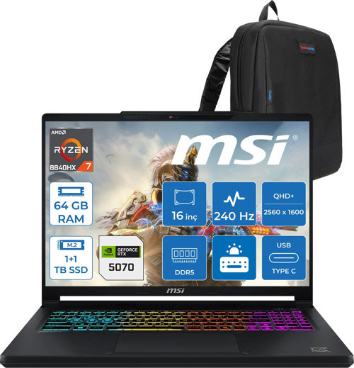 Msı Crosshaır A16 Hx E8WGXK-058XTRY Amd Ryzen 7-8840HX Aı 64GB Ddr5 1tb Ssd+1tbssd 12GB/RTX5070 115W 16” Qhd+ (2560X1600), 240Hz, Ips-Level Freedos Gaming ZW058XTRYF28+ZETTAÇANTA