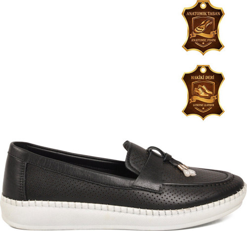 Siyah Hakiki Deri Anatomik Rahat Tabanlı Kadın Casual Ayakkabı Loafer Z093