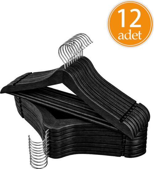Ahşap Görünümlü Premium Kalite 12'Lı Plastik Elbise Askısı - Siyah