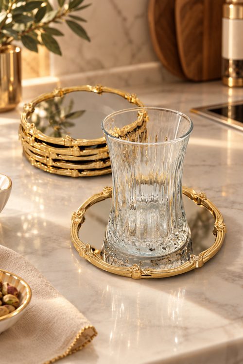 Royal Rose 6'lı Çelik Çay Bardağı Tabağı