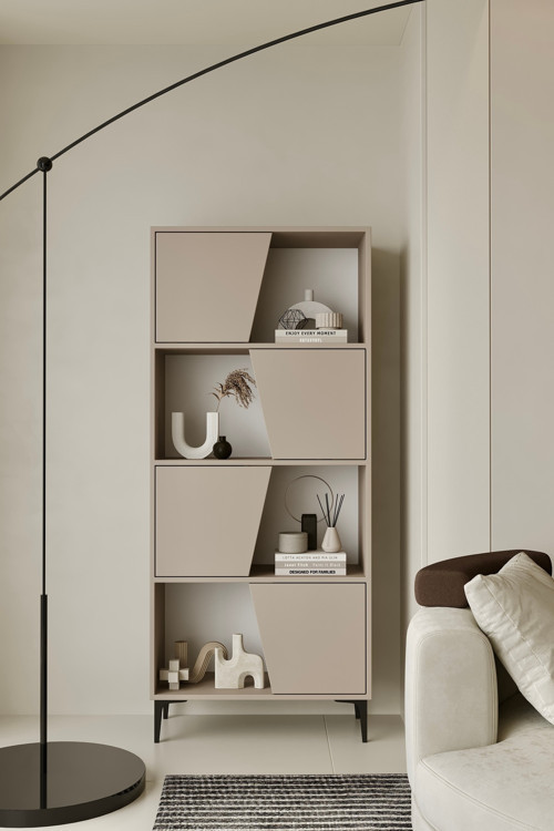 Roma Kumtaşı Bej Kitaplık 175 Cm - Vitrin - Gümüşlük (100% Mdf) Metal Ayak