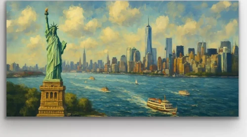 Özgürlük Heykeli ve New York Manzaralı Kanvas Tablo 60x120cm