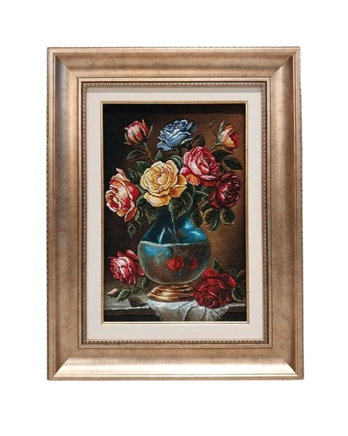 İran El Dokuması Gül Vazo Temalı Tablo Halı 36x53cm