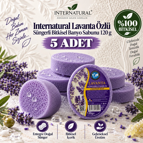 Internatural Lavanta Özlü Süngerli Bitkisel Banyo Sabunu 5'li Paket (5 x 120 g)