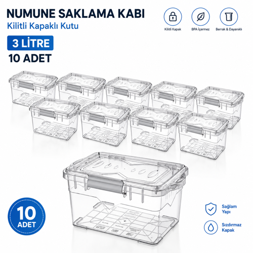 Numune Saklama Kabı 3 L - Kilit Kapaklı Kutu 10 Adet