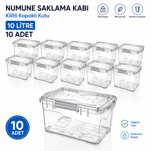 Numune Saklama Kabı 10 L - Kilit Kapaklı Kutu 10 Adet