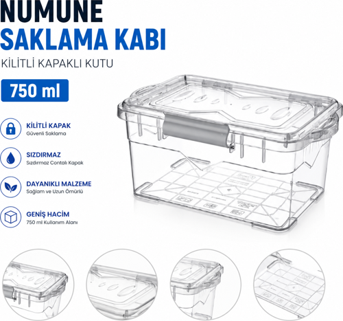 Numune Saklama Kabı Plastik 750 ml - Kilit Kapaklı Kutu