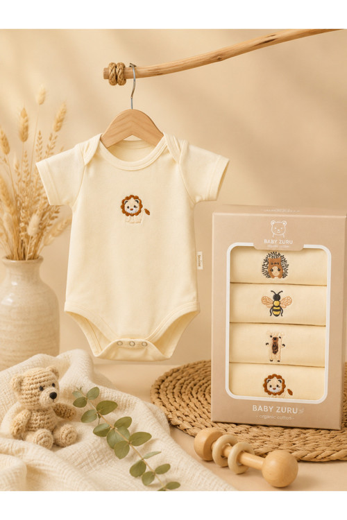 Organik Pamuk 4'lü Nakışlı Kısa Kol Bebek Zıbın Seti – Hediye Kutulu Body Seti