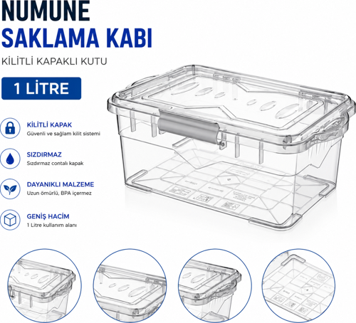 Numune Saklama Kabı Plastik 1 L - Kilit Kapaklı Kutu