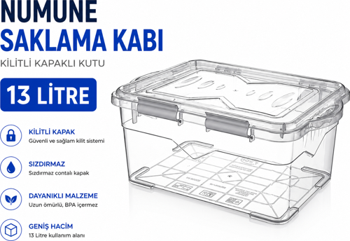 Numune Saklama Kabı Plastik 13 L - Kilit Kapaklı Kutu