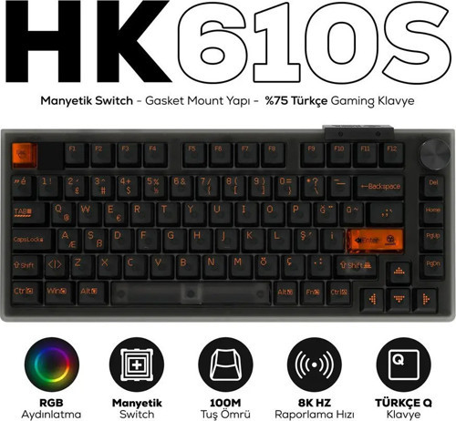HK610S Hall Effect Manyetik Switch RGB 8K Hz Tri-Mode Kablosuz/Bluetooth Gaming Klavye