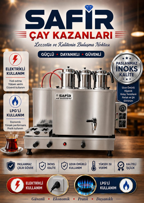 SAFİR 3 DEMLİKLİ İNOKS TAM OTOMATİK ÇAY KAZANI ELEKTRİKLİ VE TÜPLÜ ÇAY OCAĞI KAZANI ÇAY SEMAVERİ SAFİR VIP A++