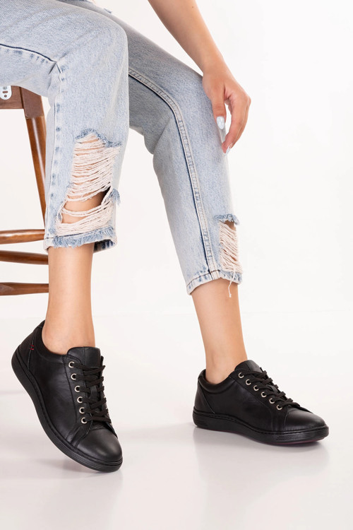Kadın Hakiki Deri Günlük Rahat Sneaker flf.216 Siyah