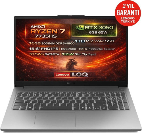 Loq 15ARP10E Amd Ryzen 7 7735HS 16GB 1tb SSD Rtx 3050 6gb 15.6" Fhd (1920X1080) IPS 144Hz Windows 11 Pro Taşınabilir Bil