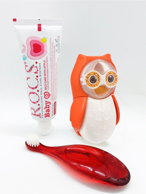 Baby Owl Bakım Seti - Bebek Diş Macunu + Diş Fırçası + Flipper Baykuş Saklama Kabı