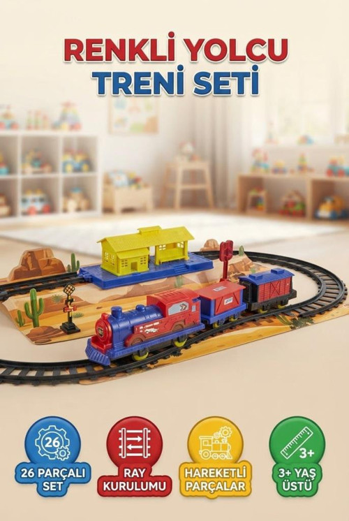 26 Parça Pilli Tren Seti Eğitici ve Eğlenceli Raylı İstasyonlu ve Figürlü Oyuncak Tren