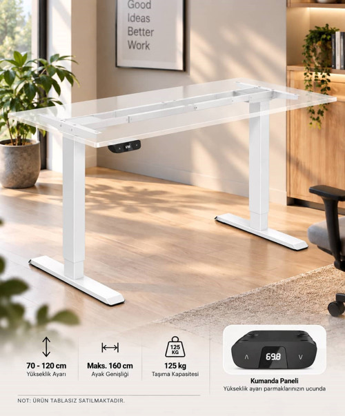 Çift Motorlu Elektrikli Yükseklik Ayarlı Masa İskeleti 70-120 cm, 125 kg Taşıma Kapasiteli – Tablası