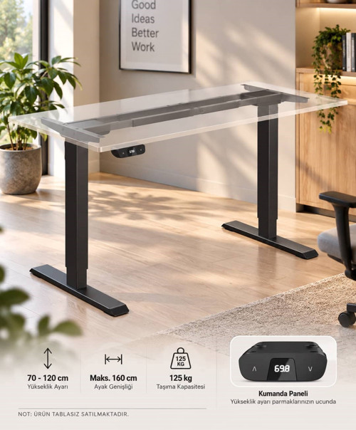 Çift Motorlu Elektrikli Yükseklik Ayarlı Masa İskeleti 70-120 cm, 125 kg Taşıma Kapasiteli – Tablası