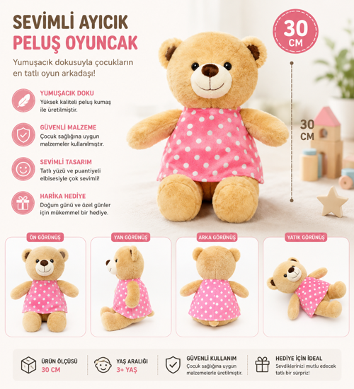 🧸 30 cm Pembe Elbiseli Sevimli Peluş Ayıcık