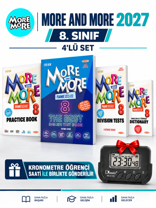 Güncel 8.Sınıf 8 MORE&MORE PRACTICE BOOK SETİ + TEST BOOK WORKSHEETS (4LÜ Set)+Kronometre
