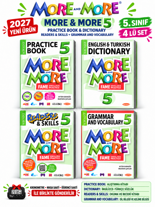 Güncel 5.Sınıf 5 MORE&MORE PRACTİCE BOOK&DICTIONARY (READERS & SKILLS + GRAMER AND VOCABULARY)(4 LÜ SET)+Kronometre