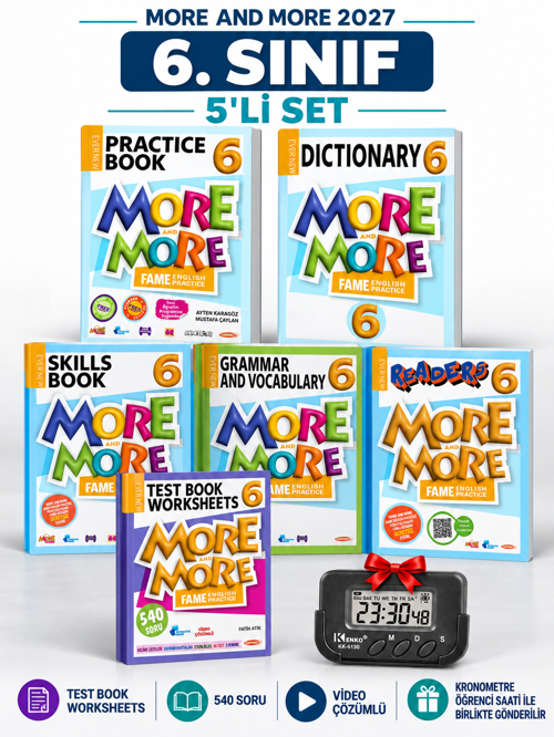 Güncel 6.Sınıf 6 MORE&MORE PRACTICE BOOK SETİ + TEST BOOK WORKSHEETS (5li Set)+Kronometre