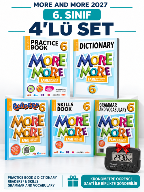 Güncel 6.Sınıf 6 MORE&MORE PRACTİCE BOOK&DICTIONARY (READERS & SKILLS + GRAMER AND VOCABULARY)(4 lü SET)+Kronometre