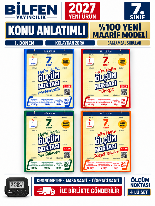 Bilfen 7.Sınıf Ölçüm noktası 2027 Mat-Fen-Türkçe-Sosyal %100 MAARİF Model Bağlamsal Soru Bankası Seti+Kronometre