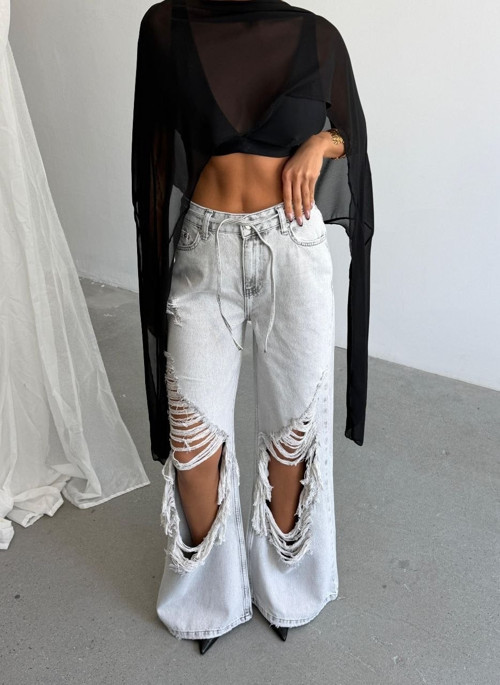 Kadın Bol Paça Wide Leg Jean - %100 Pamuk Yırtık Detaylı Pantolon