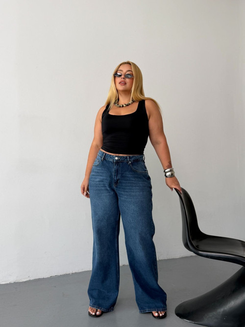 Kadın Büyük Beden Yüksek Bel Wide Leg Bol Paça Jean Pantolon